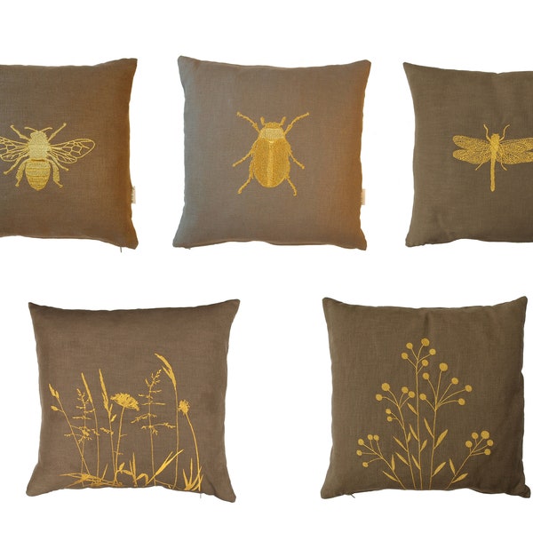 Linen cushion olive, cushion cover, gold embroidered, bee, beetle, dragonfly, grass, herbs, sizes 40x40,40x50,45x45,50x50,40x60 cm, pillow case