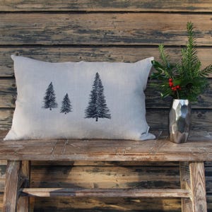 Cojín árbol de Navidad 100% lino color natural (beige-gris) funda de cojín motivo abeto bordado negro medidas 40x40 30x50 50x50 40 x 60 cm botones de hilo