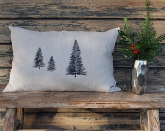 Christmas tree cushion 100% linen natural color, cushion cover, fir motif black embroidered sizes: 40x40, 45x45, 40x50, 50x50, 40 x 60 cm with thread buttons