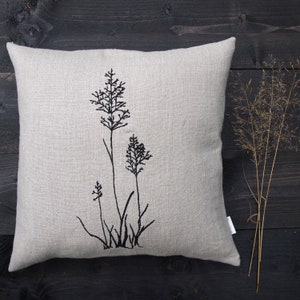 Linen cushion, 3 grasses, 100% linen, natural beige, cushion cover, black embroidered, sizes: 40x40.45x45.50 x 50 cm|button placket with twine buttons