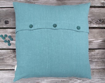 Linen cushion cover light teal/dark turquoise 100% heavy linen, uni, button placket with coconut buttons in teal 40x40|45x45|50x50|40x60|60 x 60 cm