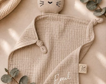 Copertina personalizzata con nome a forma di gatto | Coperta per neonati | Morbido peluche in cotone biologico | Regalo per neonati | Per bambine e bambini