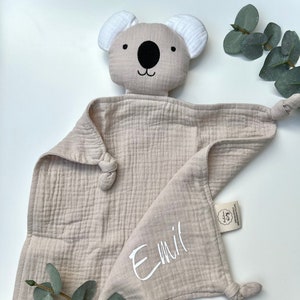 Edredom Koala com nome em bege, manta fofinha feita de 100% algodão orgânico