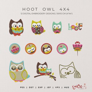 May include: A collection of 12 digital embroidery designs featuring owl motifs. The designs include various owl illustrations and circular patterns, with the text "HOOT OWL 4X4" at the top. Each design is approximately 4 inches by 4 inches.