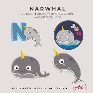 Könnte beinhalten: Vier digitale Stickapplikationsdesigns mit Narwalen. Die Designs umfassen einen Narwal mit dem Buchstaben "N", einen Narwal in einem Kreis mit Herzen und zwei weitere Narwal-Designs. Die Designs sind für einen 10x10 cm-Reifen.