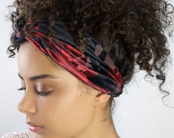 Red and black floral velvet headband for women - Maison Belema