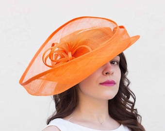 Large orange sinamay wedding hat for women