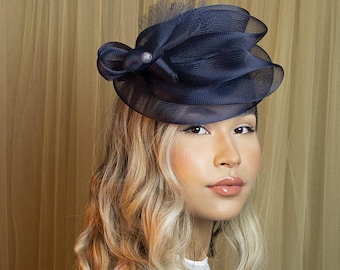 Navy blue fascinator, blue fascinator hat, small fascinator, dark blue wedding fascinator headband, wedding guest hat