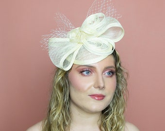 Small ivory wedding fascinator with sinamay veil for women