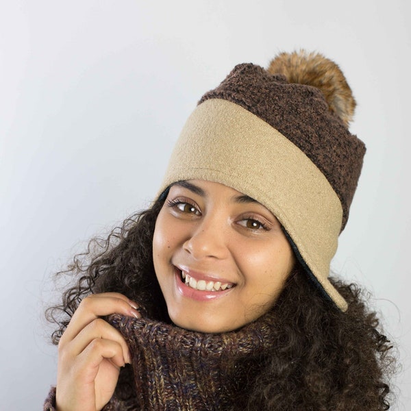 Bonnet style péruvien en laine marron et beige - Bonnet d'hiver pour femme - Maison Belema