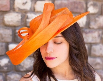 Orange wedding hat - Base in the shape of a boater - Capeline Le Texier
