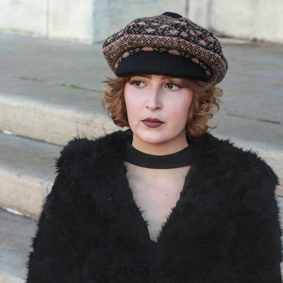 Oversized Brown and Black Wool Newsboy Cap, Brown and Black Wool