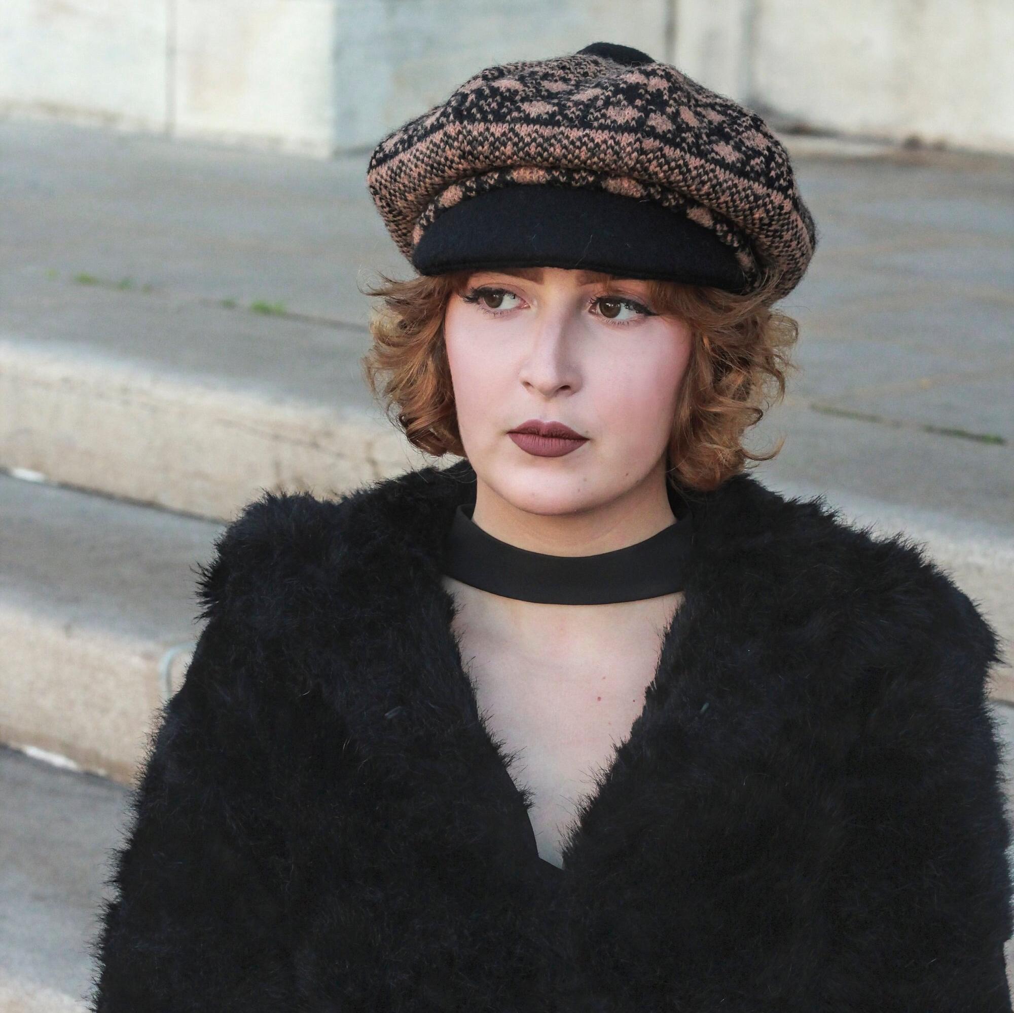 Oversized Brown and Black Wool Newsboy Cap, Brown and Black Wool