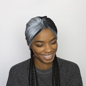 Turbante de inverno de veludo cinza, chapéu turbante feminino, chapéu feminino elegante, turbante quente elegante, estilo vintage, chapéu de quimioterapia