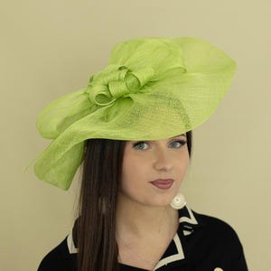 Large Lime Green Wedding Fascinator Hat for Women, Green Sinamay Pillbox Derby Hat