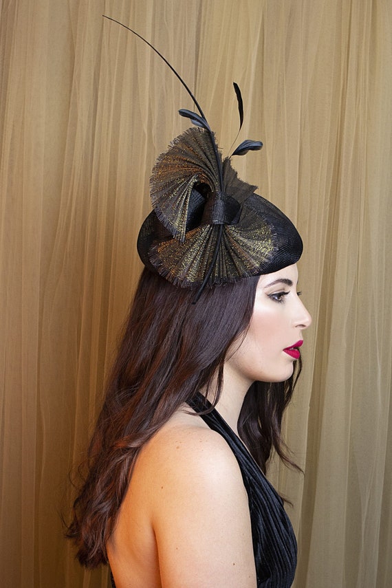 Black and Gold Wedding Hat Black Bibi 