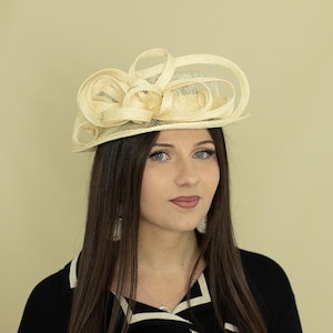 Ivory sinamay derby fascinator, bridal fascinator hat, british wedding boater hat