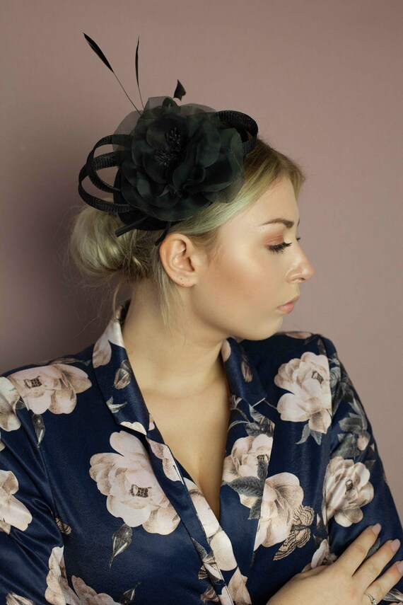 Black Wedding Hat Hair Accessory For Women Flower And Etsy