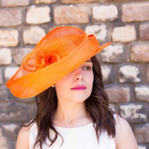 Large orange wedding fascinator, derby fascinator, bright orange tea party hat, orange pillbox hat
