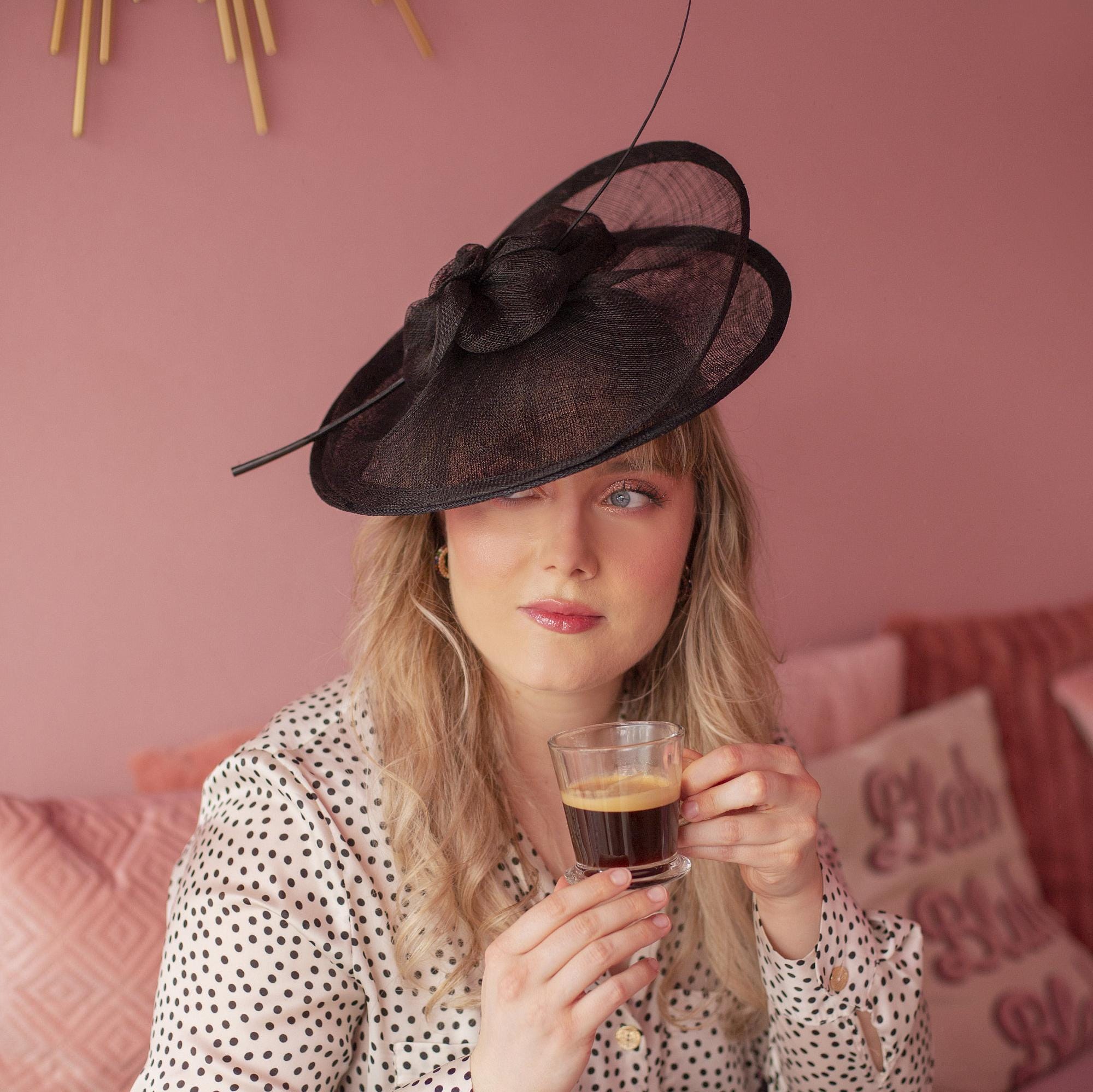 Large Black Fascinator Hat for Women, Modern Black Feather 