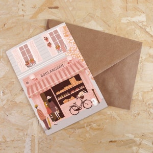 Carte double, format A6. Boulangerie, scène de rue en France, à Paris. Souvenir de paris