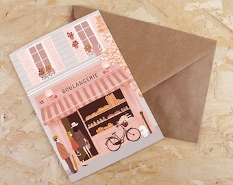 Double card, A6 format. Bakery, street scene in France, in Paris. Souvenir of Paris