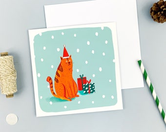 Greeting card, illustration of a cat dressed up with a Christmas hat