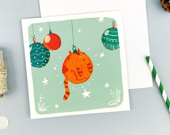 Carte de Voeux, Noël. Chat Boule de Noël