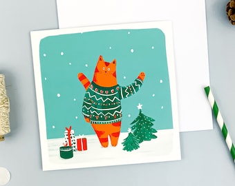 Grußkarte, Illustration einer Katze mit Weihnachtspullover