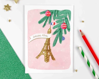 Carte de Voeux Tour Eiffel dans une boule à neige avec les lutins de Noël. Carte postale pour Noël et les fêtes de fin d'année. Noël à Paris