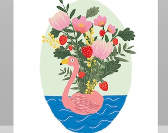 Affiche 'Bouquet de fraise et flamand rose', illustration, poster