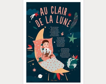 Affiche Au clair de la Lune, poster pour décoration chambre enfant, idée cadeau de naissance, Pierrot La lune