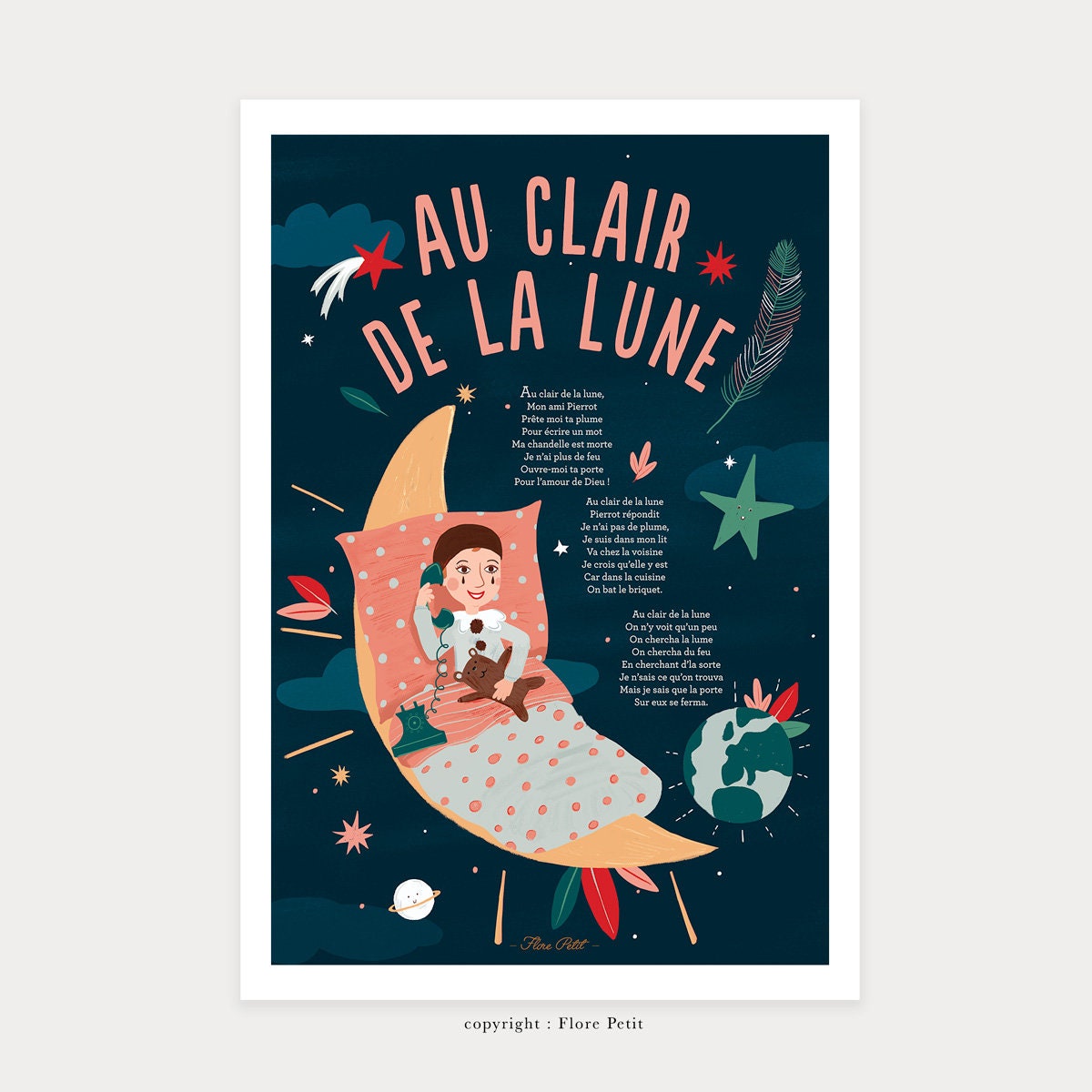 Affiche Au Clair de La Lune, Poster Pour Décoration Chambre Enfant, Idée Cadeau Naissance, Pierrot L