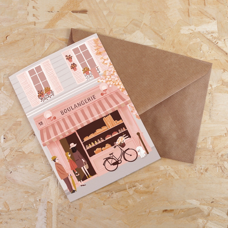 Carte double, format A6. Boulangerie, scène de rue en France, à Paris. Souvenir de paris image 1