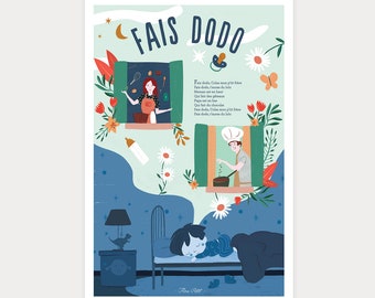 Affiche Fais Dodo. Paroles de la comptine, poster pour décoration chambre enfant, idée cadeau de naissance