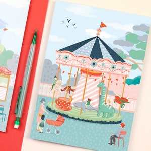 May include: A colorful carousel with a pink and blue striped roof, a green dinosaur, and a white horse. There are people walking around the carousel, and a man sitting on a bench in the background.