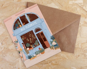 Carte double, format A6. Fleuriste, scène de rue en France, à Paris. Souvenir de paris