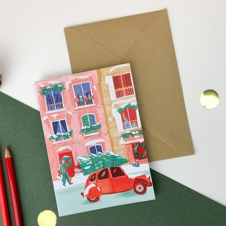 Carte double, format A6. Rue de Paris à Noël, 2CV et sapin image 1