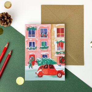 Carte double, format A6. Rue de Paris à Noël, 2CV et sapin image 2