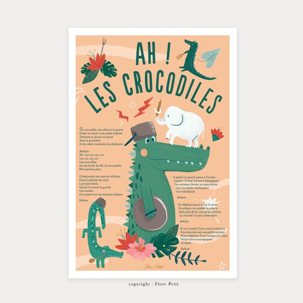 Affiche Ah les crocodiles, paroles de la comptine, poster pour décoration chambre enfant, idée cadeau de naissance