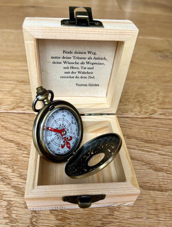 Taschenkompass in Holzbox Geschenk Konfirmation "Finde deinen Weg" Kompass Vintage SpiritNatura Taufe 18. Geburtstag