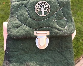 small felt bag hand felted wet felted dark green dandelion tree of life