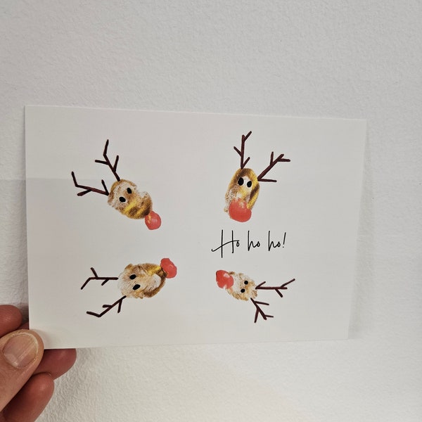 HoHoHo Weihnachts Postkarte DIN A6 handmade Kids Fingerabdruck Rentiere kreatives Geschenk