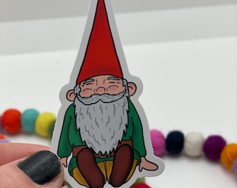 Sitting Gnome Sticker - Cute Gnome Vinyl Decal - Whimsical Garden Gnome - Waterproof for Laptops, Water Bottles, Journals - Gnome Lover Gift