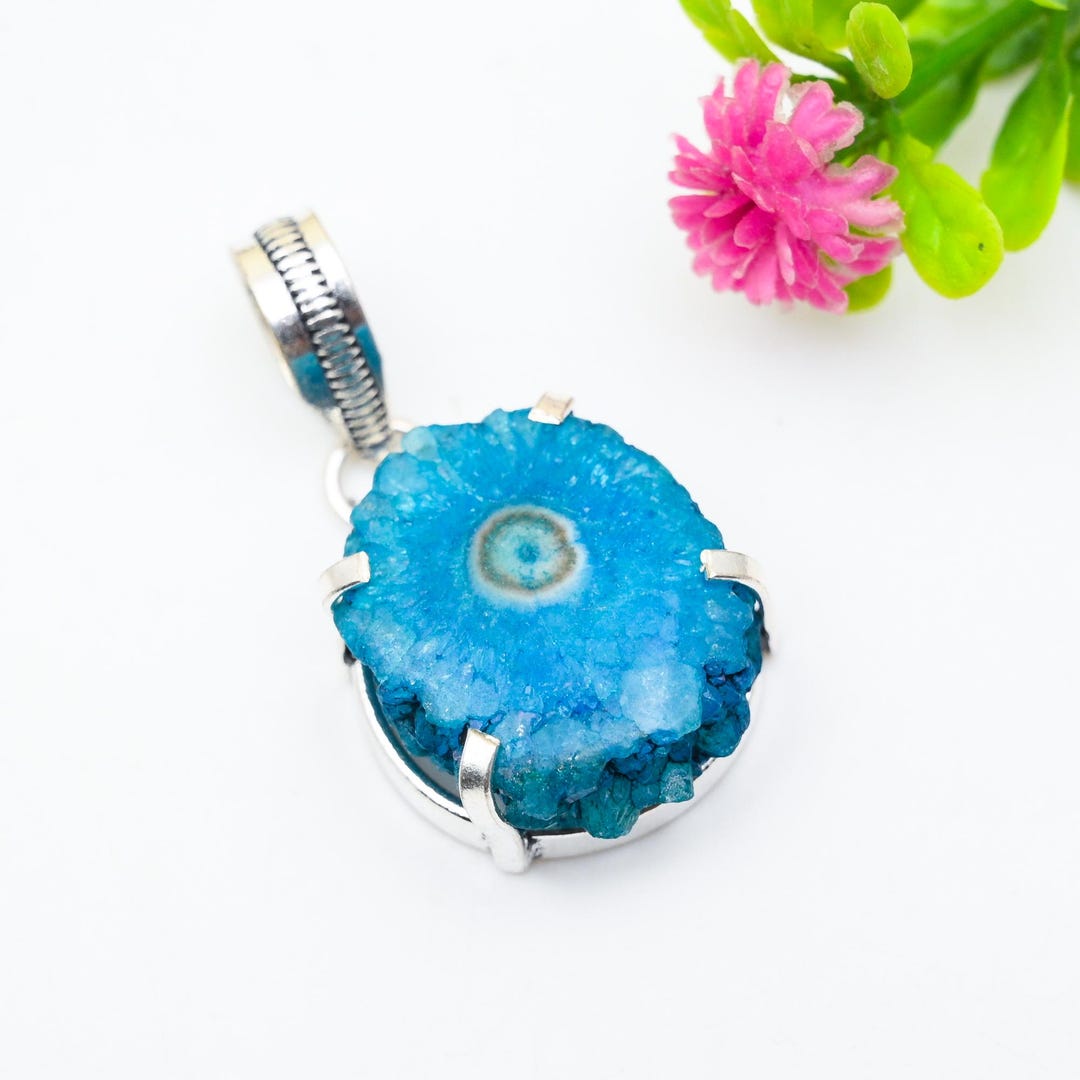 Pendentif En Argent 925 Avec Quartz Agate Druzy Grappe - Fait Main - Longueur 2,25 Pouces