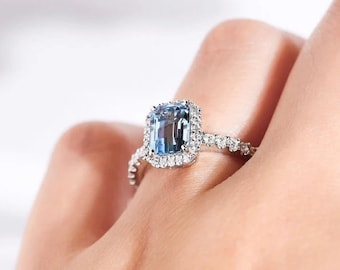 Aquamarine ring, Emerald cut aquamarine, 925 sterling silver ring, Halo ring, March birthstone ring, Promise ring, Anniversary ring for her