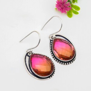 Bio Watermelon Tourmaline Quartz Earrings, 925 Sterling Silver, Tourmaline Earrings, Gift for her, Birthday Gift, Handmade Silver Earrings