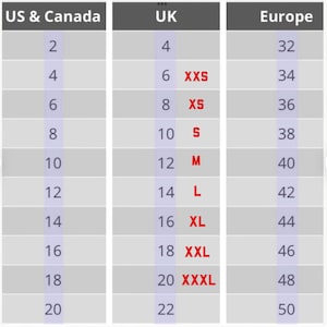 May include: A size chart comparing US & Canada, UK, and European clothing sizes. The chart shows the corresponding sizes for each region, with the sizes ranging from 2 to 22 in US & Canada, 4 to 22 in UK, and 32 to 50 in Europe. The chart also includes the corresponding size abbreviations for each region, such as XXS, XS, S, M, L, XL, XXL, and XXXL.
