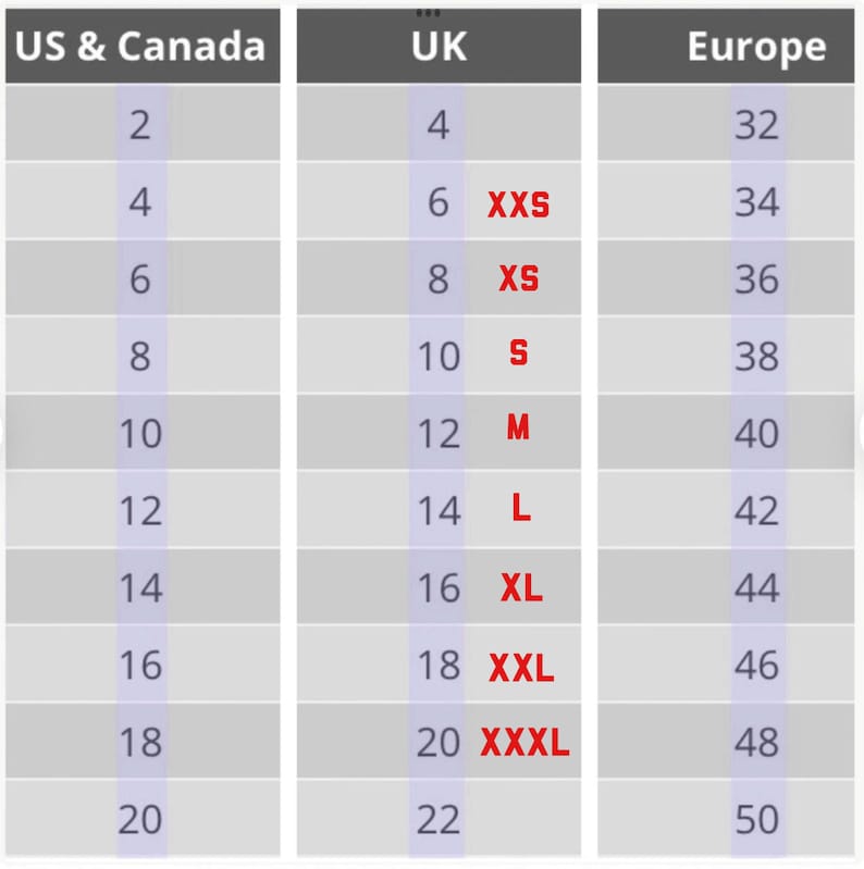 May include: A size chart comparing US & Canada, UK, and European clothing sizes. The chart shows the corresponding sizes for each region, with the sizes ranging from 2 to 22 in US & Canada, 4 to 22 in UK, and 32 to 50 in Europe. The chart also includes the corresponding size abbreviations for each region, such as XXS, XS, S, M, L, XL, XXL, and XXXL.