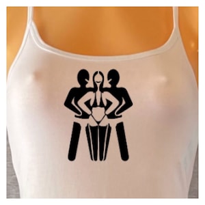 May include: White tank top with a black graphic of three figures. The figures are stylized and represent two people standing behind a person in a swimsuit.